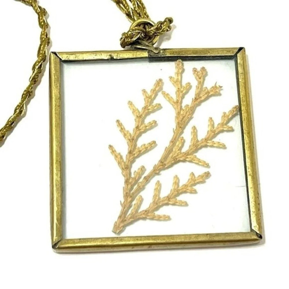 Glass and Crocheted Rope Handmade Shadowbox Necklace with Dried Fir Tree​​. - Picture 2 of 5